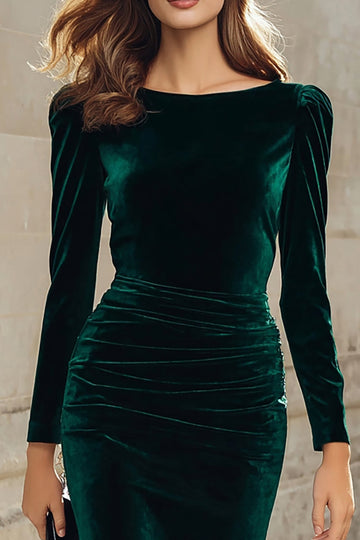 Robe de travail midi en velours fourreau vert foncé à manches longues
